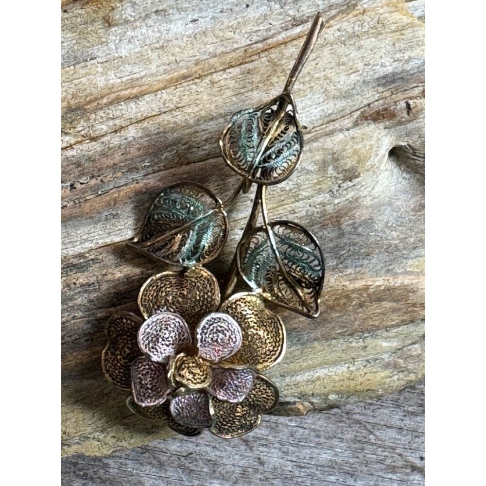 Gold Tone 800 Silver Flower Brooch Pin  3 1/2" Intricate Filigree Design